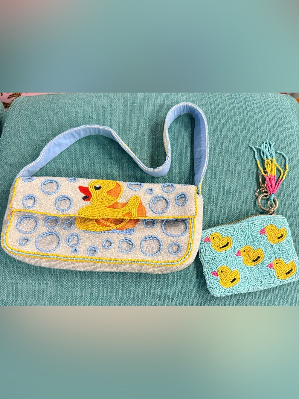 NWOT BEADED YELLOW RUBBER DUCKIE BAG WITH COIN PURSE
